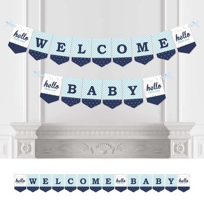 Big Dot of Happiness Hello Little One - Blue and Silver - Baby Shower Bunting Banner - Boy Party Decorations - Welcome Baby