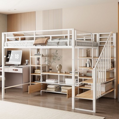 CAVINAS Twin Size Loft Bed Modern Wooden Bed Frame with Desk, 3 Drawers, Blackboard and Guardrail for Bedroom