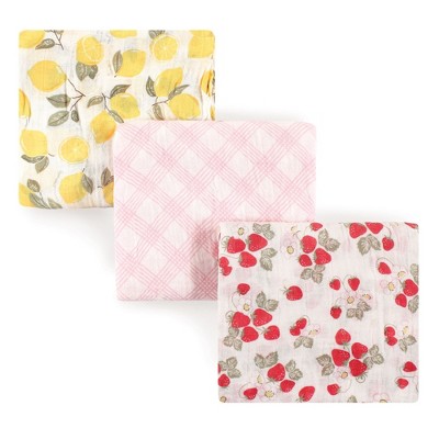 Hudson Baby Infant Girl Cotton Muslin Swaddle Blankets, Strawberry Lemon, One Size
