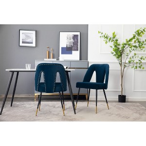 Akoasm Set of 2 Modern Velvet Upholstered Dining Chair with Nailheads and Gold Tipped Black Metal Legs For Dining Room & Kitchen-Blue - 1 of 4