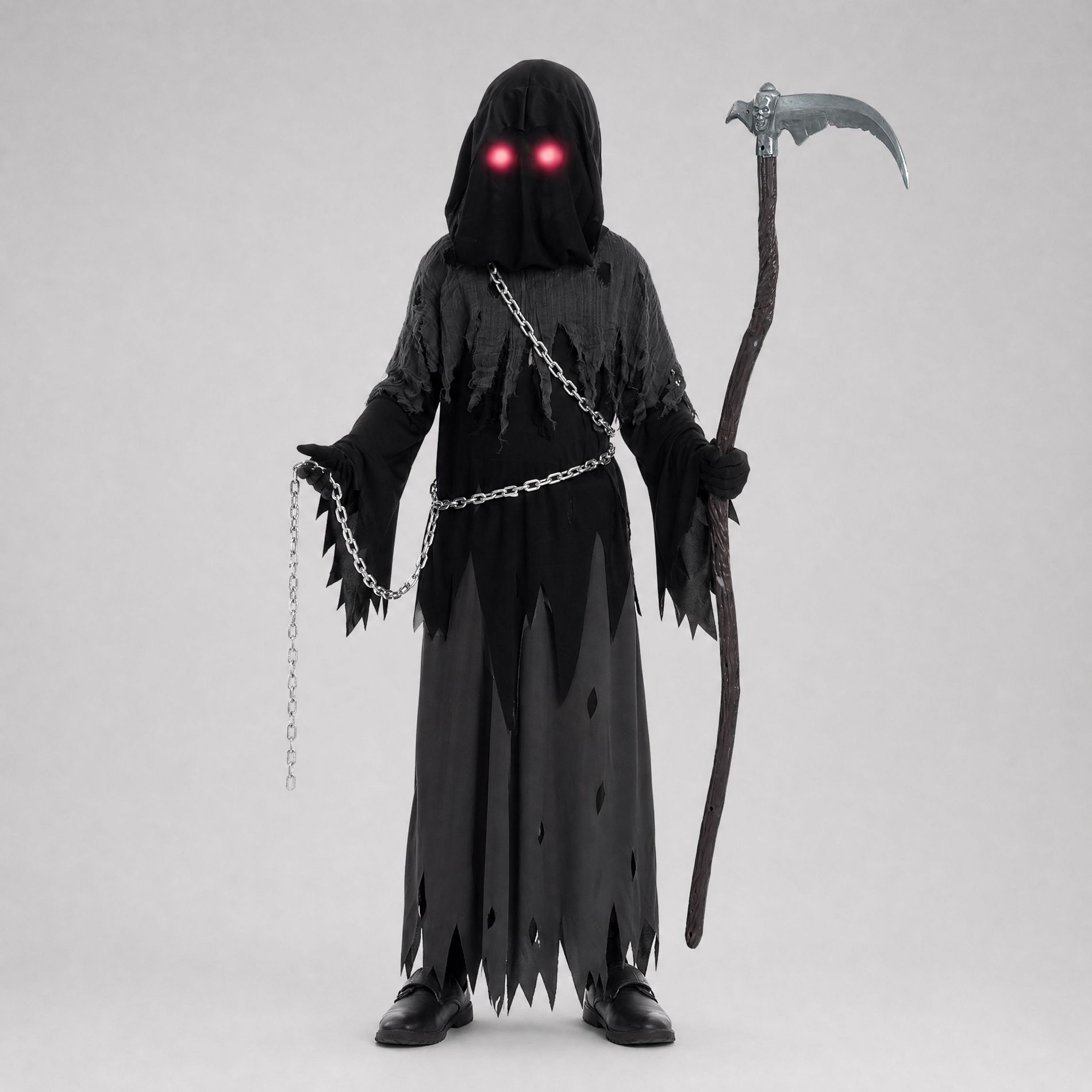 Joyfy Halloween Costume for Kids, Grim Reaper Toddler Phantom Costum with Glowing Eyes for boys, Halloween Dress Up Party,Halloween outdoor party-L