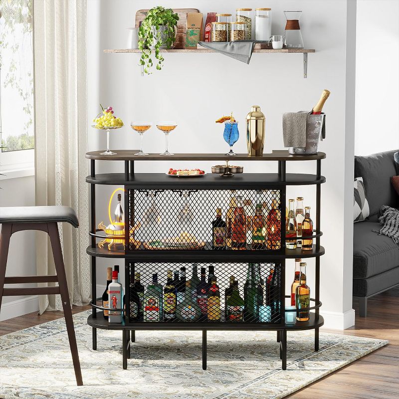 Tribesigns Bar Table with Storage Shelves and Foot Rail, Corner Mini Bar Cabinet with Glasses Holder for Home, Black and Walnut, 4 of 10