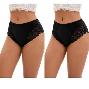 INSPIRE CHIC 2 Pcs Women's Wide Lace Trim Mid-Waisted Underwear Plus Size Full Coverage Comfortable Briefs - 1 of 4
