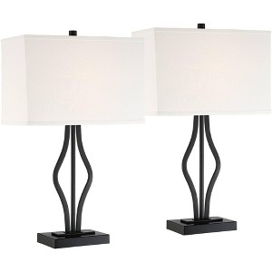360 Lighting Ally Modern Table Lamps 26 1/2" High Set of 2 Black Metal with USB Charging Port Rectangular Fabric Shade for Bedroom Living Room Desk - 1 of 4