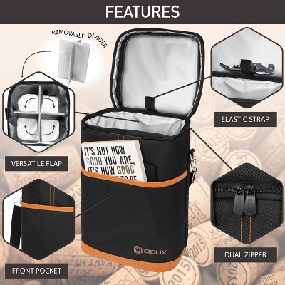 Insulated Black and Brown 4 Bottle Wine Tote Carrier