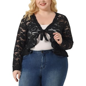 Agnes Orinda Women's Plus Size Long Sleeve Tie Front Sheer Lace Crop Cardigan - 1 of 4