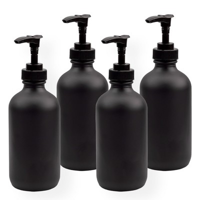 Cornucopia Brands Black Coated 8oz Glass Pump Bottles 4pk; Great for Lotions, Liquid Soap, Aromatherapy and More