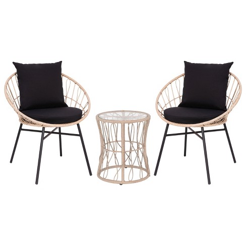 Merrick Lane 3 Piece Patio Set with Tan Rope Rattan Chairs Matching Glass Top Side Table and Black Cushions for Indoor Outdoor Use