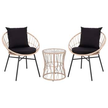 Merrick Lane 3 Piece Patio Set with Rope Rattan Chairs, Matching Glass Top Side Table and Cushions for Indoor/Outdoor Use