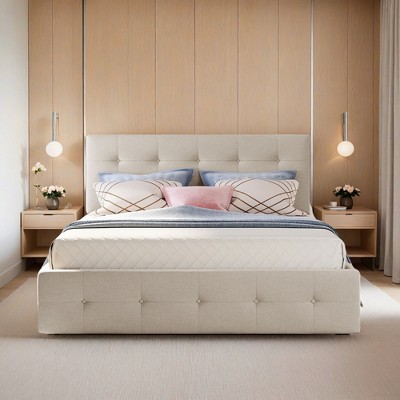 Queen Size Platform Bed with 4 Drawers and Twin Trundle, Upholstered Linen Fabric Platform Bed Frame with Classic Headboard- Leovsnove