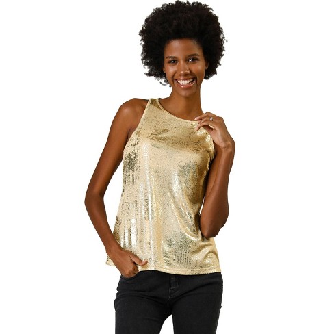 Allegra K Women's Shiny Metallic Crop Cami Hollow Out Backless Disco  Holographic Halter Camisoles Gold L : Target