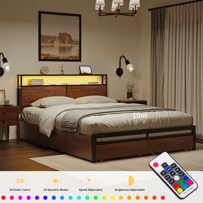 Full Size Industrial Wood and Metal Bed Frame with Storage Drawers