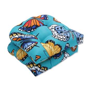 Set of 2 Butterfly Garden Outdoor/Indoor Wicker Seat Cushions Turquoise - Pillow Perfect
