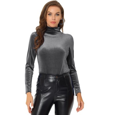 Allegra K Women's Solid Turtleneck Velvet Long Sleeve Work Basic Velour Blouse