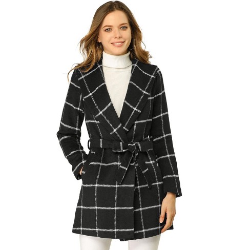 Inspire Chic Women s Shawl Collar Check Belted Wrap Plaid Coat With Pockets Black X small Target