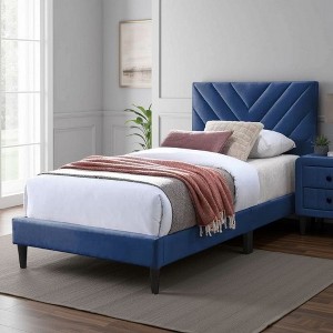 Royal Hampton Full Bed, Tufted Navy Blue Velvet Upholstery, Chevron Stitch - 1 of 4