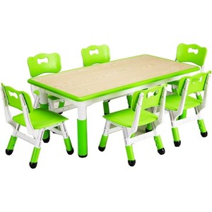 Modern Kids Table and 6 Chair Set,Height Adjustable Toddler Table w/Non-Slip Table Legs&Organizer Graffiti Desktop,Preschool Activity Art Craft Table - 1 of 4
