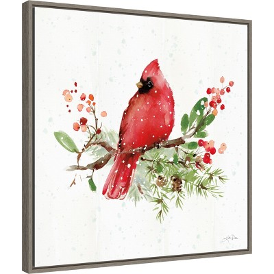 Red Bird and Greenery Christmas Canvas Wall Art in Grey Frame