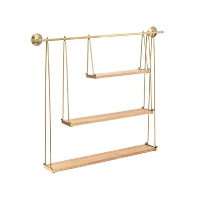 MH London Amersham 31.5" Solid Wood and Metal Floating Wall Mounted Shelf in Gold and Natural
