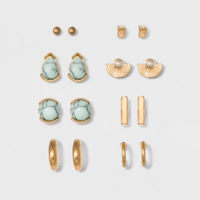 Semi-Precious, Teardrop, Crescent Hoop and Bar Stud Earring Set 8ct - Universal Thread™