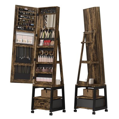 Garvee 66" Jewelry Armoire with LED Light, Full Length Mirror with Jewelry Storage, Standing Swivel Jewelry Cabinet with Back Shelf and Drawer