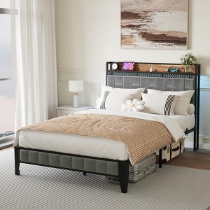Linen Upholstered Bed Frame with LED Lights, Platform Bed Frame with Storage Headboard&Charging Station, Heavy Duty Metal Slats Support - 1 of 4