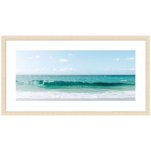Kate and Laurel Framed Art Beach Ocean Day over Blue Clear Waters by Alicia Abla, 42x22, Woodgrain Stripe Blonde - 1 of 4