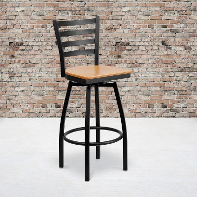 Black Metal Swivel Barstool with Natural Wood Seat