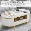 Modern Luxury Fluted Coffee Table with Faux Marble Top Oval Wood Coffee Table with Drawer,Center Table with Gold Frame  for Living Room,Office - 3 of 4