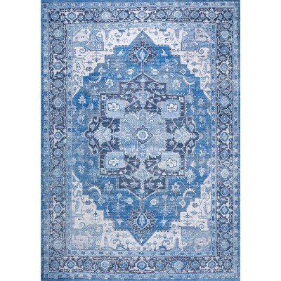 Maris Easy-Care Blue Medallion Washable Synthetic Area Rug, 3 X 5
