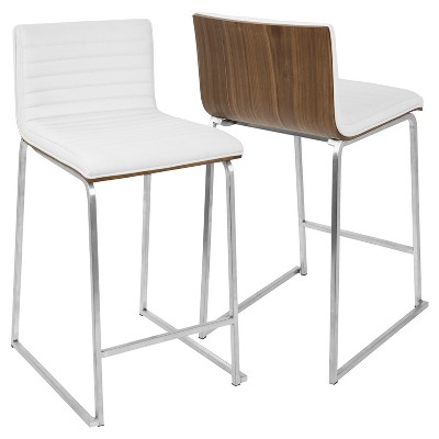Elegant 26" Mara Modern Counter Stool in White Faux Leather and Walnut
