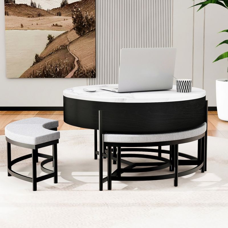 Modern Round Lift-Top Coffee Table with Storage and 3 Ottoman, White+Black-ModernLuxe, 3 of 16