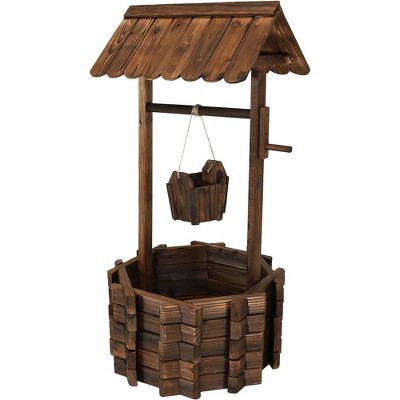 Sunnydaze Outdoor Fir Wood Wishing Well Garden Planter with Hanging Flower Bucket for Garden or Yard - 45" H - Brown