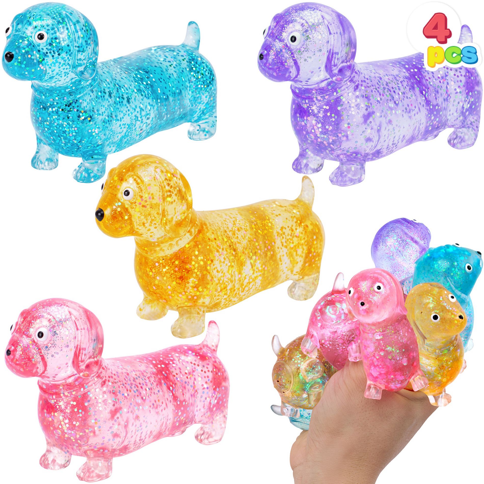 Joyfy 4PCS Glitter Weiner Dog Stress Relief Toys,Malt Sugar Squishy Toy for Adults Kids,Slow Rising Fidget Sensory Squeeze Toy for Gifts,Party Favors