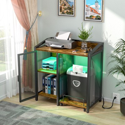 Aheaplus Printer Stand with Charging Station, Paper Shredder Stand Rack with Wheels, 3-Tier Lateral Office Filing Cabinets
