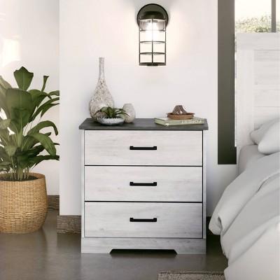 Washed White 3-Drawer Farmhouse Nightstand with Rustic Gray Top