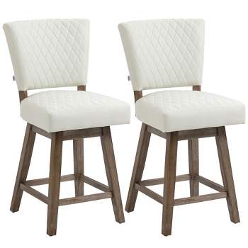 HOMCOM Swivel Bar Stools Set of 2, Counter Height Barstools with Back, Rubber Wood Legs and Footrests, for Kitchen Dining Room Pub, Cream White