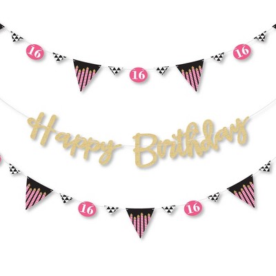 Big Dot of Happiness Chic 16th Birthday - Pink - Birthday Party Letter Banner Decor - 36 Cutouts & No-Mess Real Gold Glitter Happy Birthday Letters