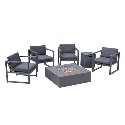 Christopher Knight Home Navan Outdoor Aluminum 5 Piece Club Chair and Fire Pit Set with Cushions