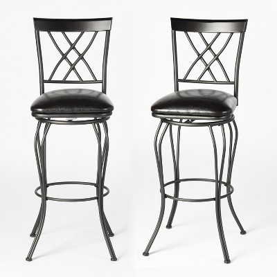 HomeRoots Set of Two 30" Black Faux Leather and Iron Bar Height Swivel Bar Chairs