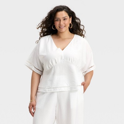 Women's Dolman Sleeve Ladder Stitch V-Neck Blouse - A New Day™