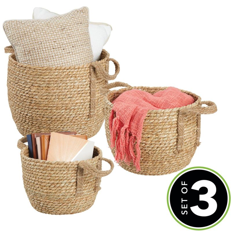 mDesign Round Seagrass Woven Storage Basket with Handles - Set of 3, 2 of 9