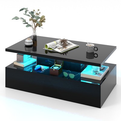 Tangkula LED Coffee Table Modern High Gloss Coffee Table w/ 20-Color LED Lights Adjustable Speed Brightness & Remote Control White/Black