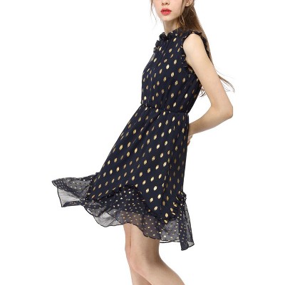 INSPIRE CHIC Women's Metallic Dot Print Sleeveless Ruffle Cocktail Skater Dress