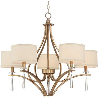 Barnes and Ivy Winter Gold Large Chandelier 31" Wide Clear Crystal Drop Linen Drum Shades 5-Light Fixture Dining Room House Foyer