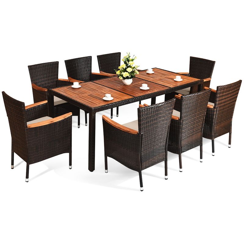Costway 9PCS Patio Rattan Dining Set  8 Chairs Cushioned Acacia Table Top, 2 of 11