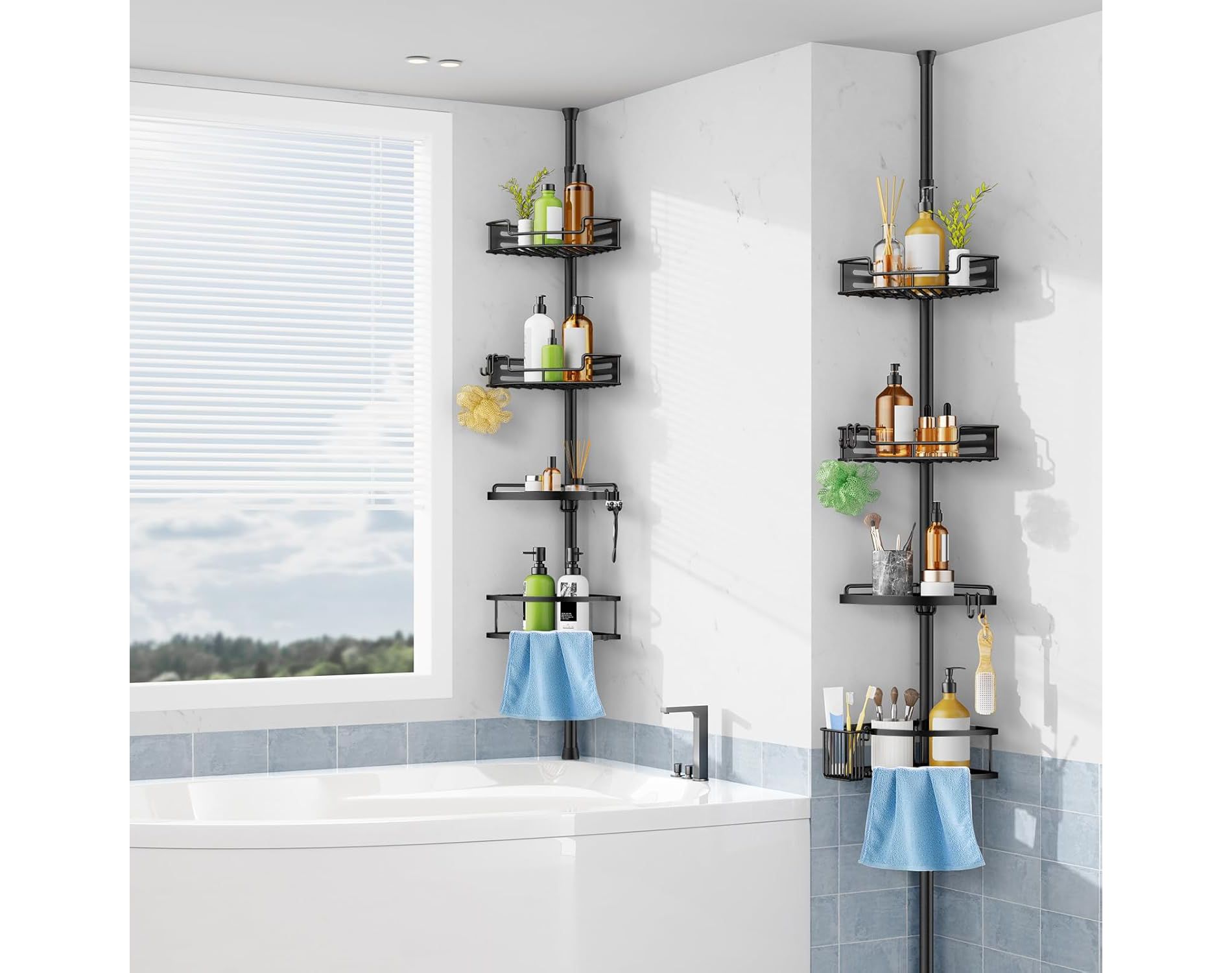 HAMITOR 4-Tier Shower Caddy, Adjustable Tension Pole (47-121 Inches), Rustproof Freestanding Bathroom Organizer for Shampoo, Towels, Bathtub Storage