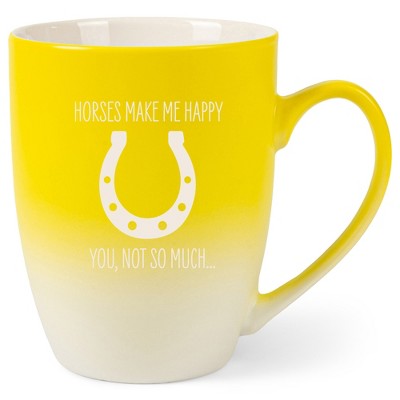 100 North Horseshoe Design 10 Ounce Yellow and White Two Toned Ombre, Comfortably Fits Your Hands, Ceramic Tea Coffee Cup Mug, Horses make me happy,
