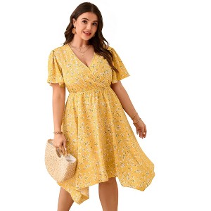 Coolmee Women Plus Size Mini Dress Short Sleeve Floral Wrap V Neck High Low Hem Long Dress - 1 of 1