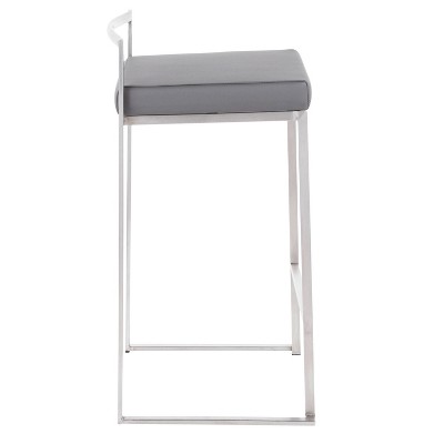 Modern Stainless Steel Counter Stools with Grey Faux Leather Cushion - Set of 2